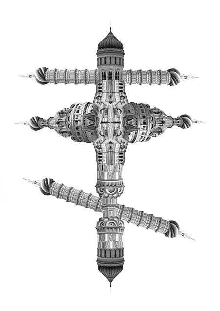 une chimère graphique entre les architecture de lieu de culte orthodoxe russe et catolique française qui forme une croix